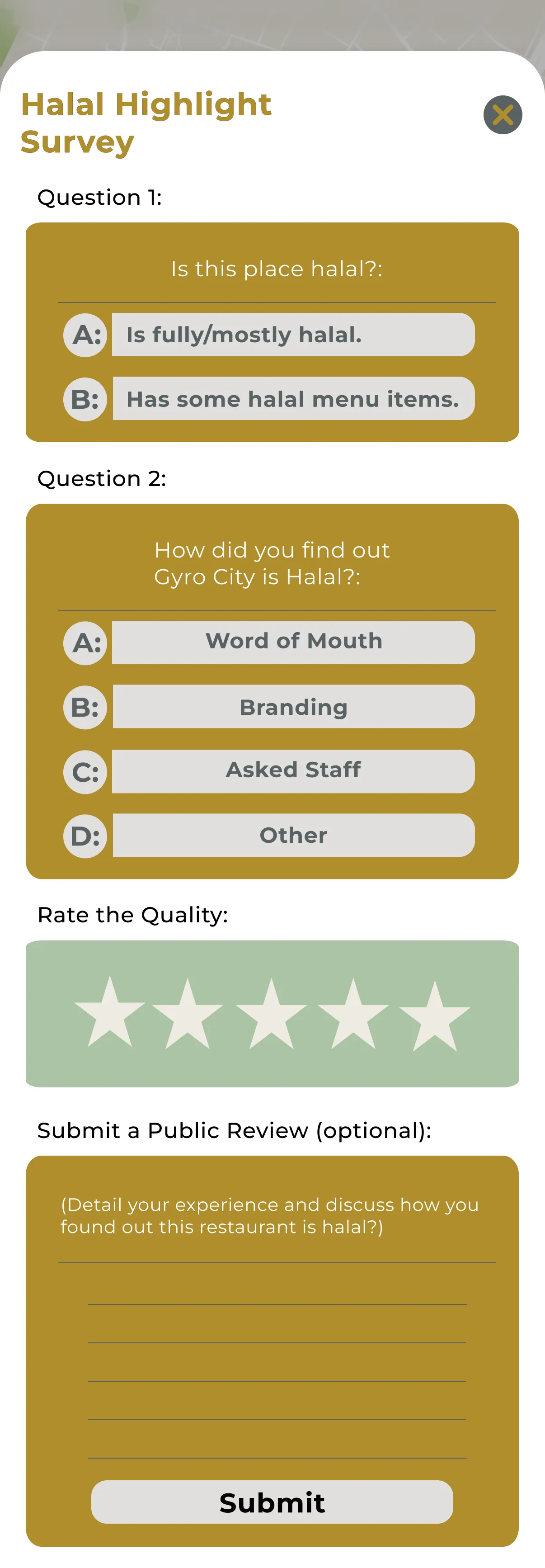 Halal Highlight survey: is this place halal, how did you find out, quality rating and review