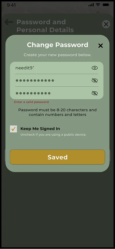 Change password dialog, saved