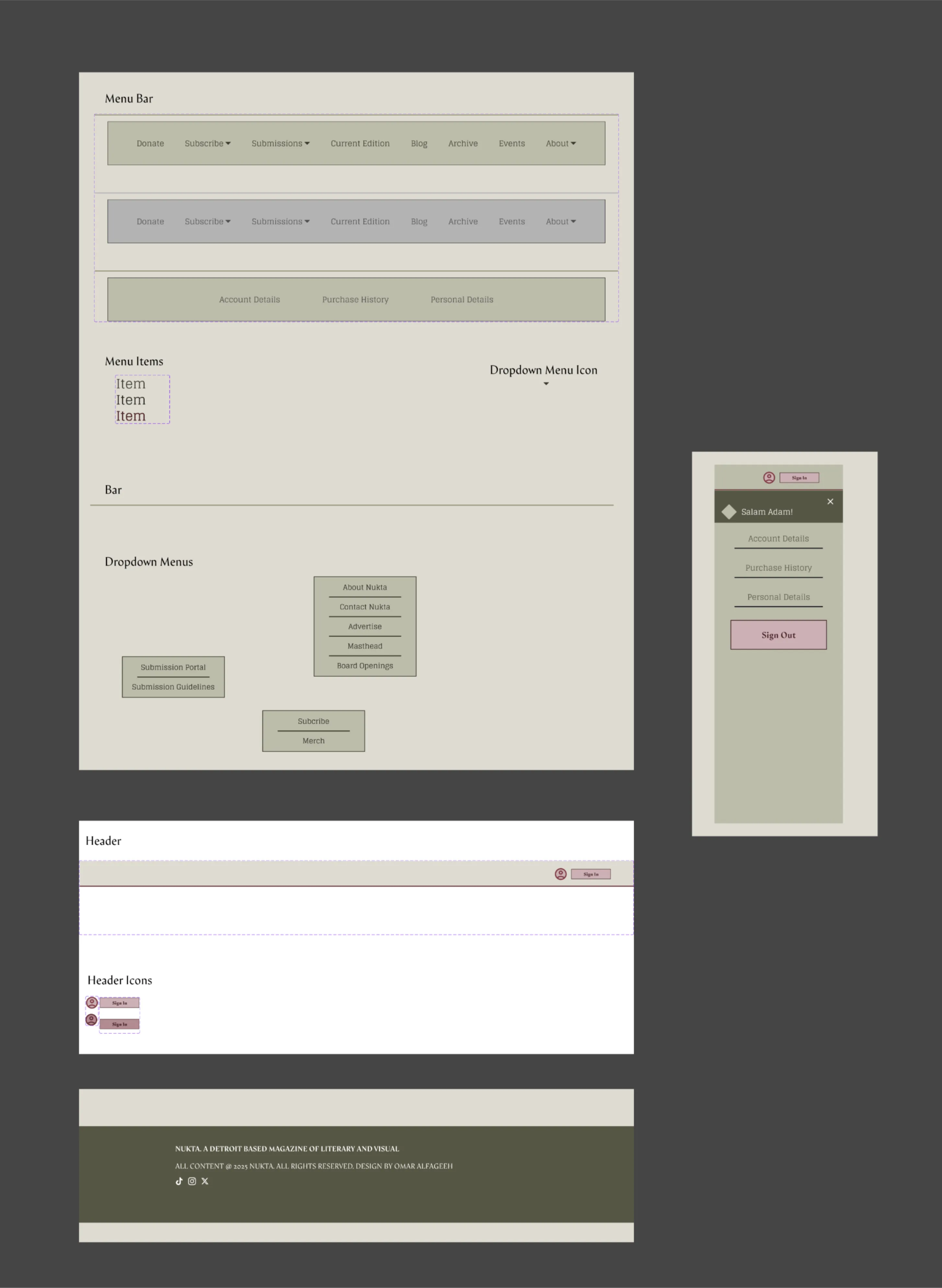 Nukta component library: menu bars, dropdowns, header and footer