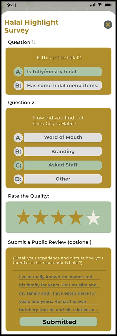 Halal Highlight survey, filled in and submitted