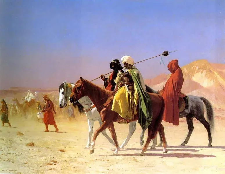 Painting of riders crossing the desert