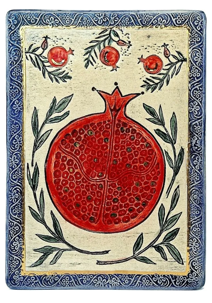 Folk illustration of a red pomegranate