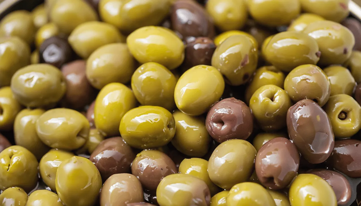 A pile of green and purple olives