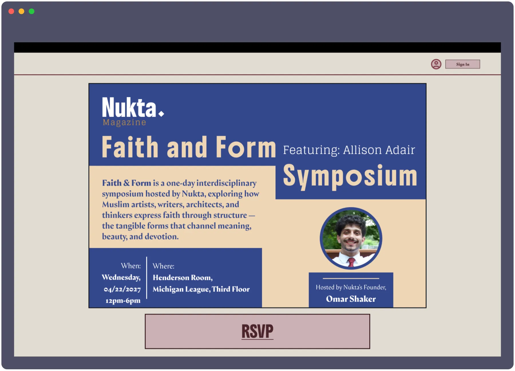 Nukta’s “Faith and Form” symposium event page in a browser window