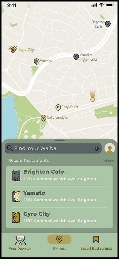 Map of nearby restaurants as pins with recent restaurants below
