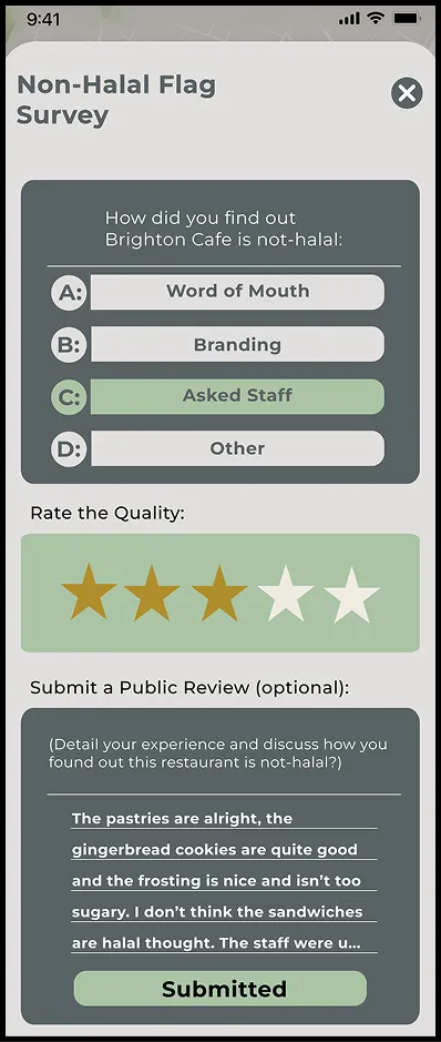 Non-Halal Flag survey, filled in and submitted