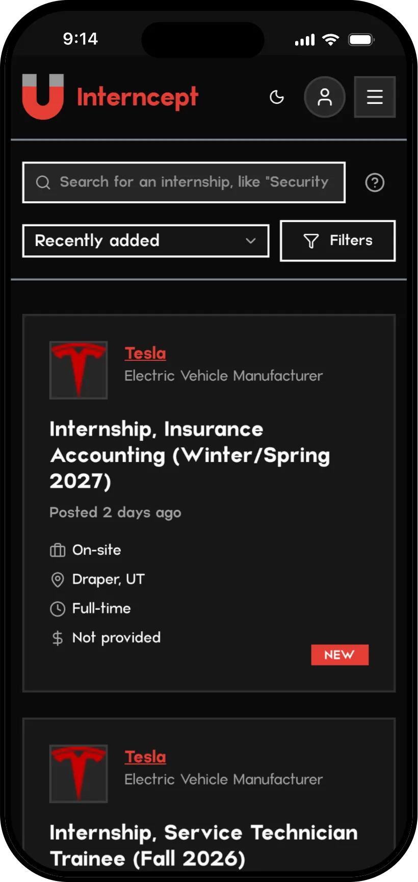Interncept on a phone in dark mode