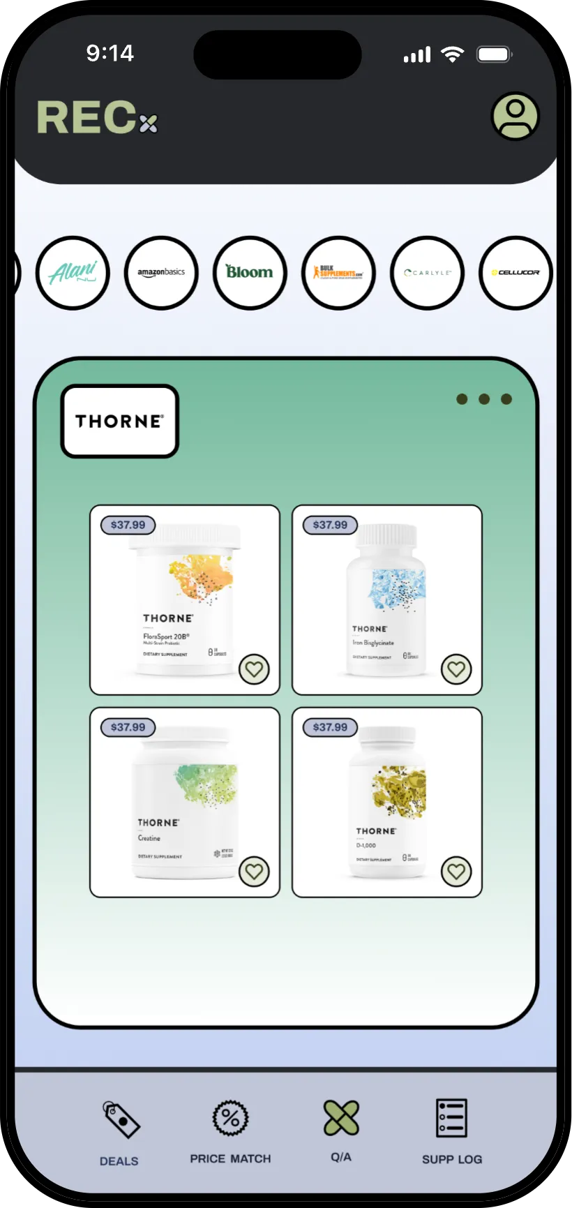 Deals tab: brand logos and a Thorne product carousel
