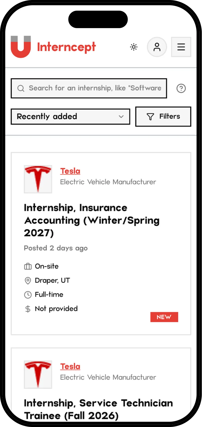 Interncept on a phone in light mode