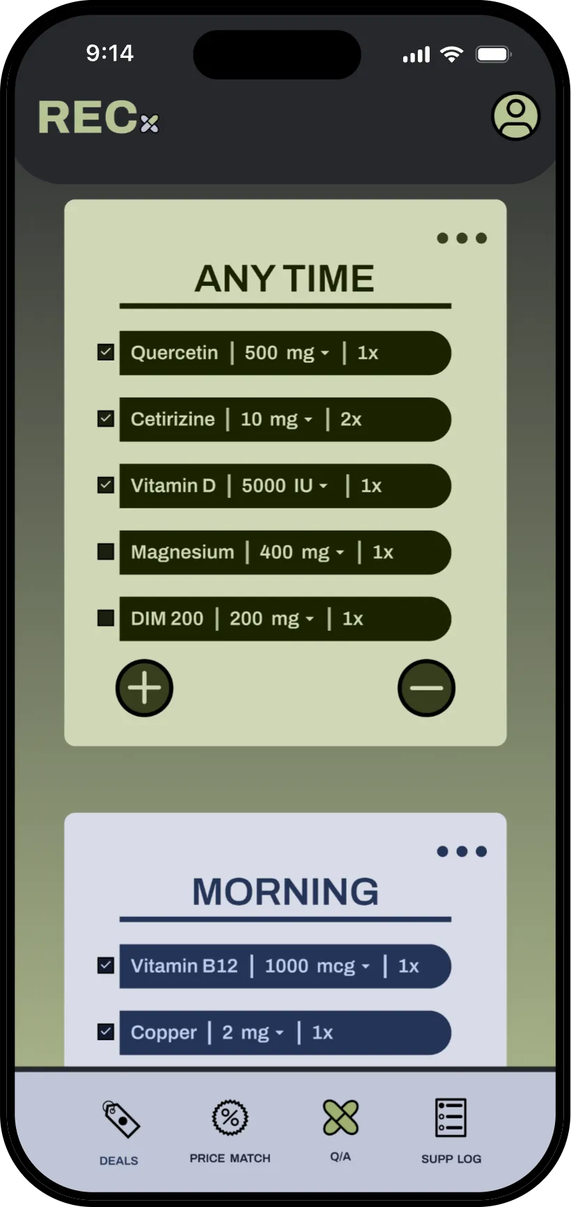 Supp log tab: an Any Time checklist of supplements with doses