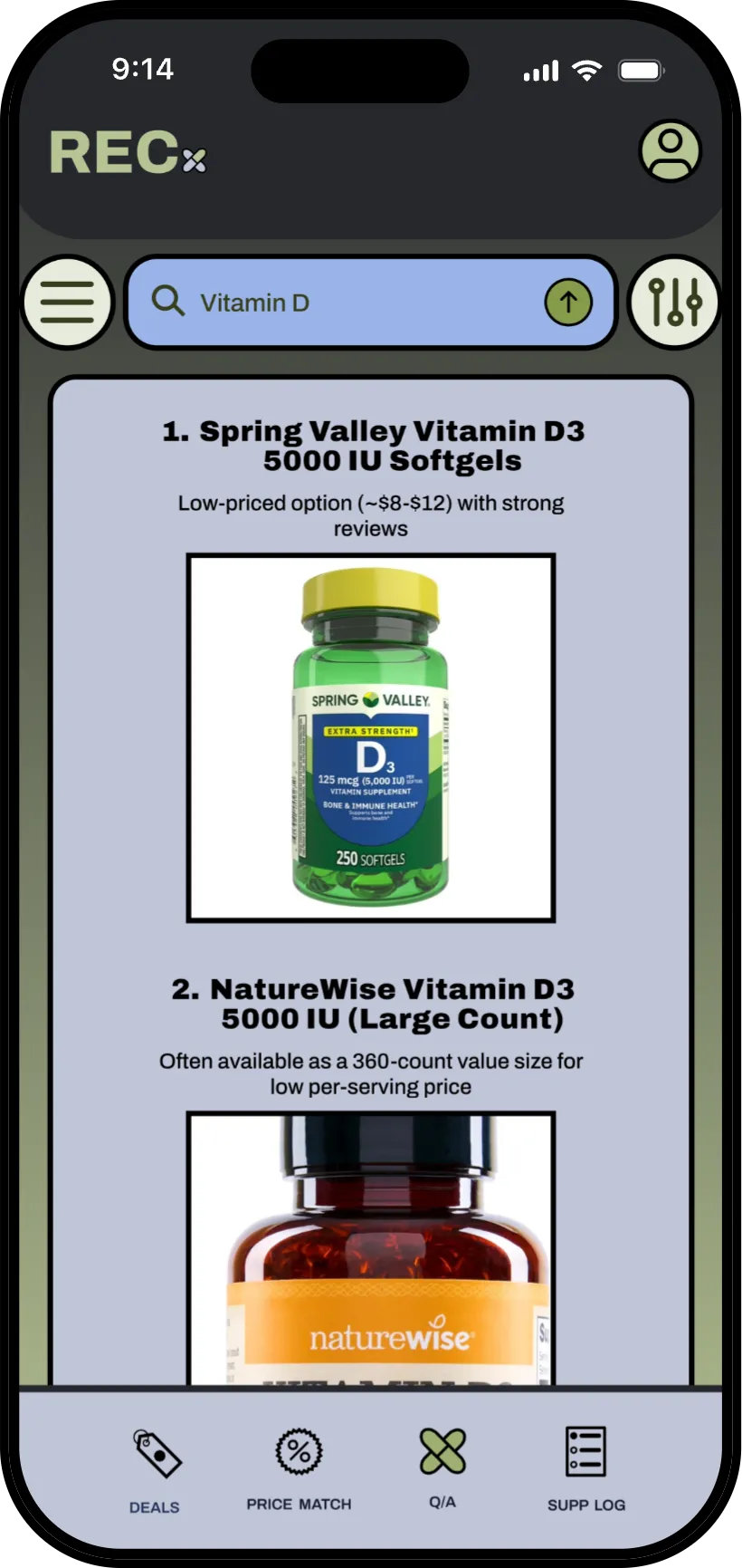 Price match results for Vitamin D: ranked products with prices