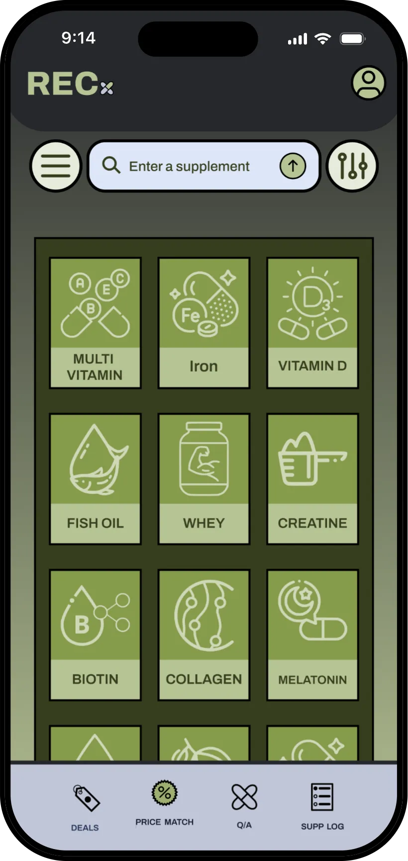 Price match tab: supplement grid with a filter button