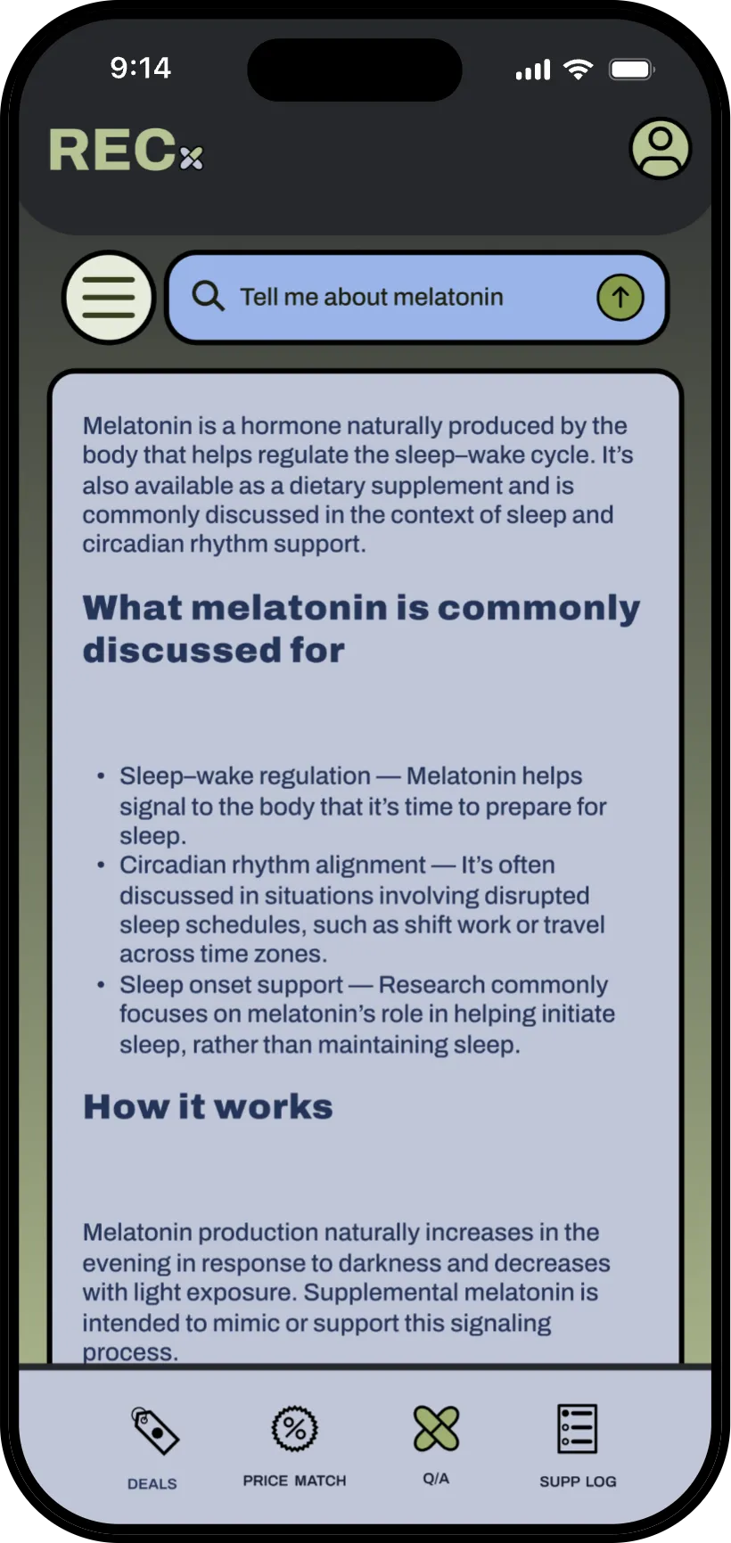 Q/A tab answering “Tell me about melatonin” with sourced, general information