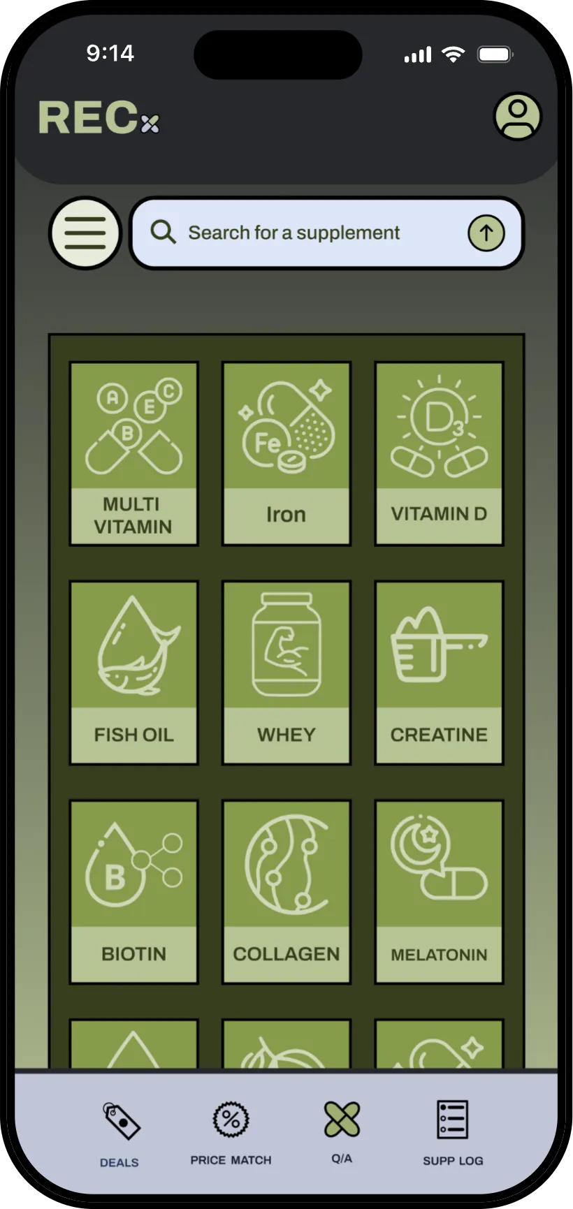 Q/A tab: supplement grid with a search bar