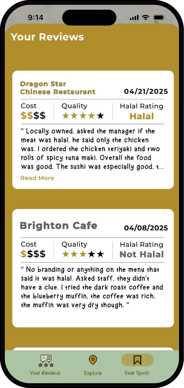Your reviews with halal ratings