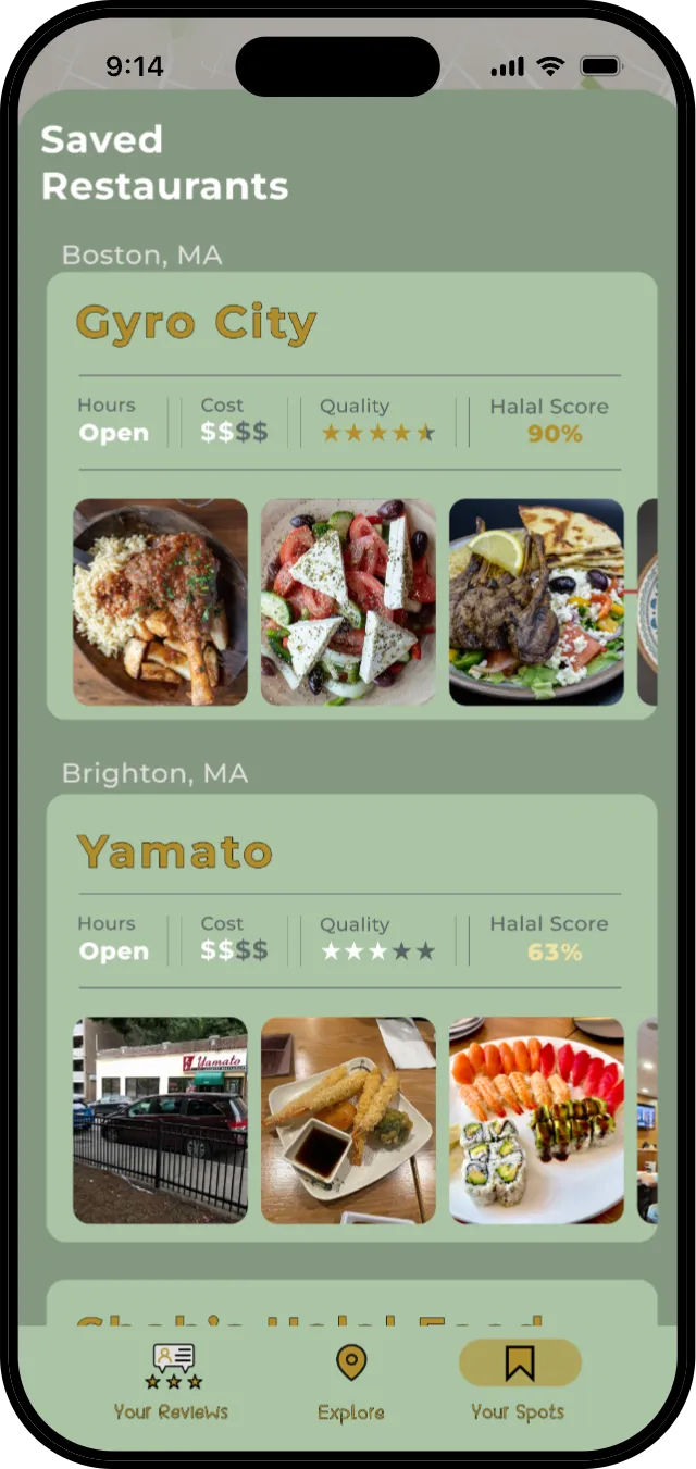 Saved restaurants with halal scores