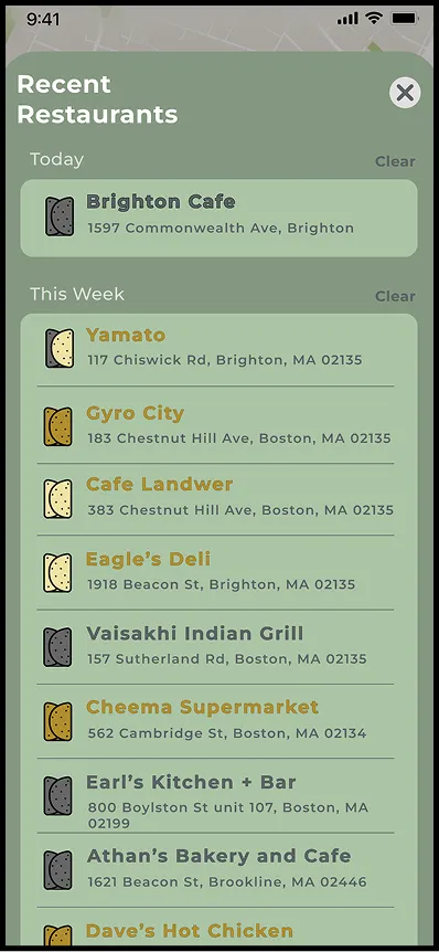 Recent restaurants list