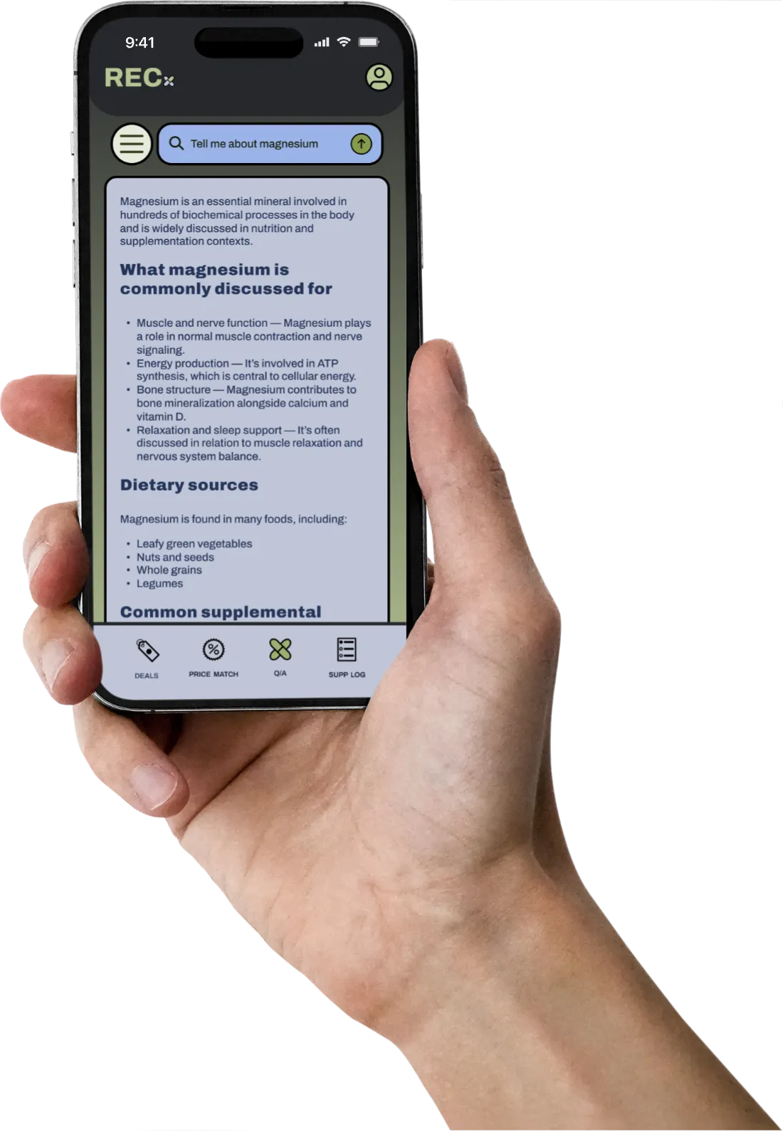 A hand holding a phone showing RECx’s AI answer screen about magnesium