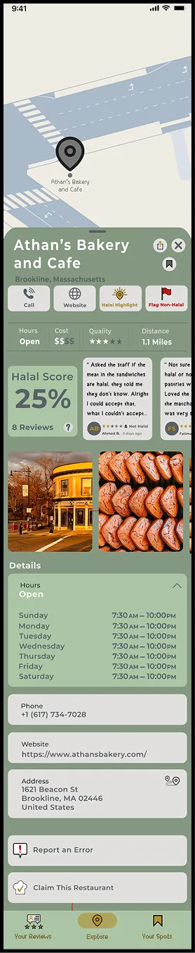 Restaurant details with full hours expanded