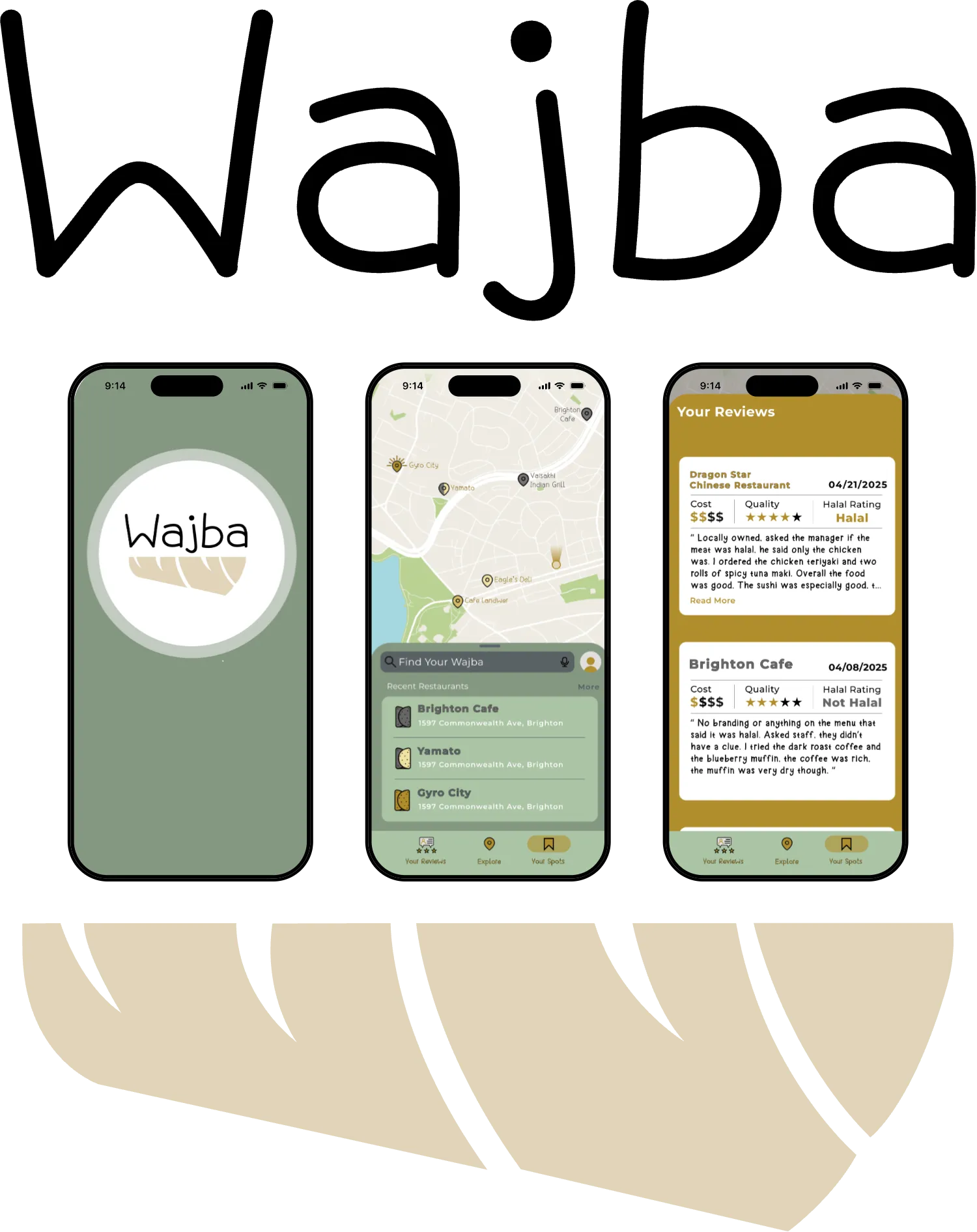 The Wajba wordmark above three app screens — splash, map and reviews — resting on the shawarma mark