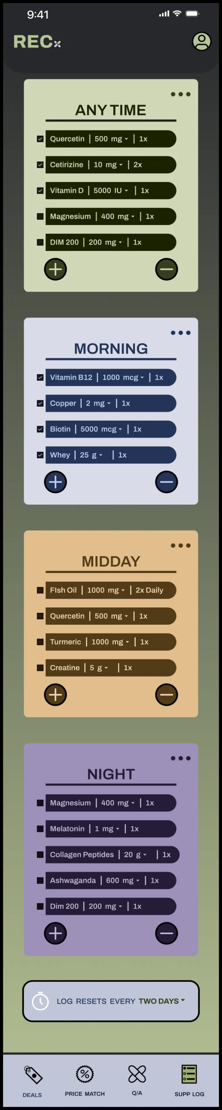 Supp log tab: any time, morning, midday and night cards