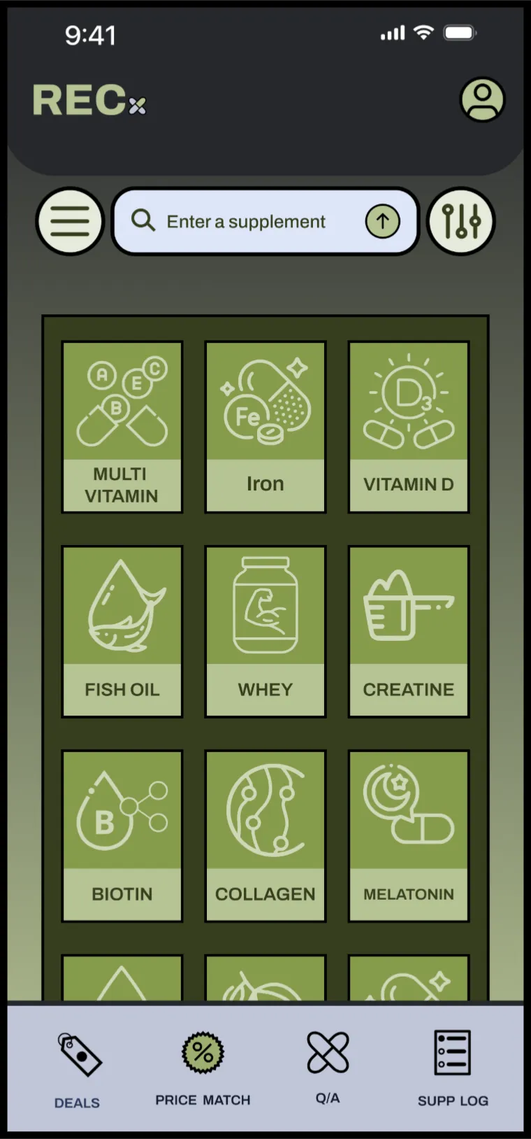 Price match tab with the supplement grid and filters