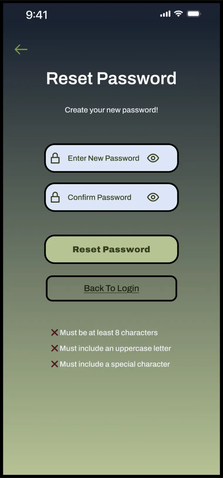 Reset password screen