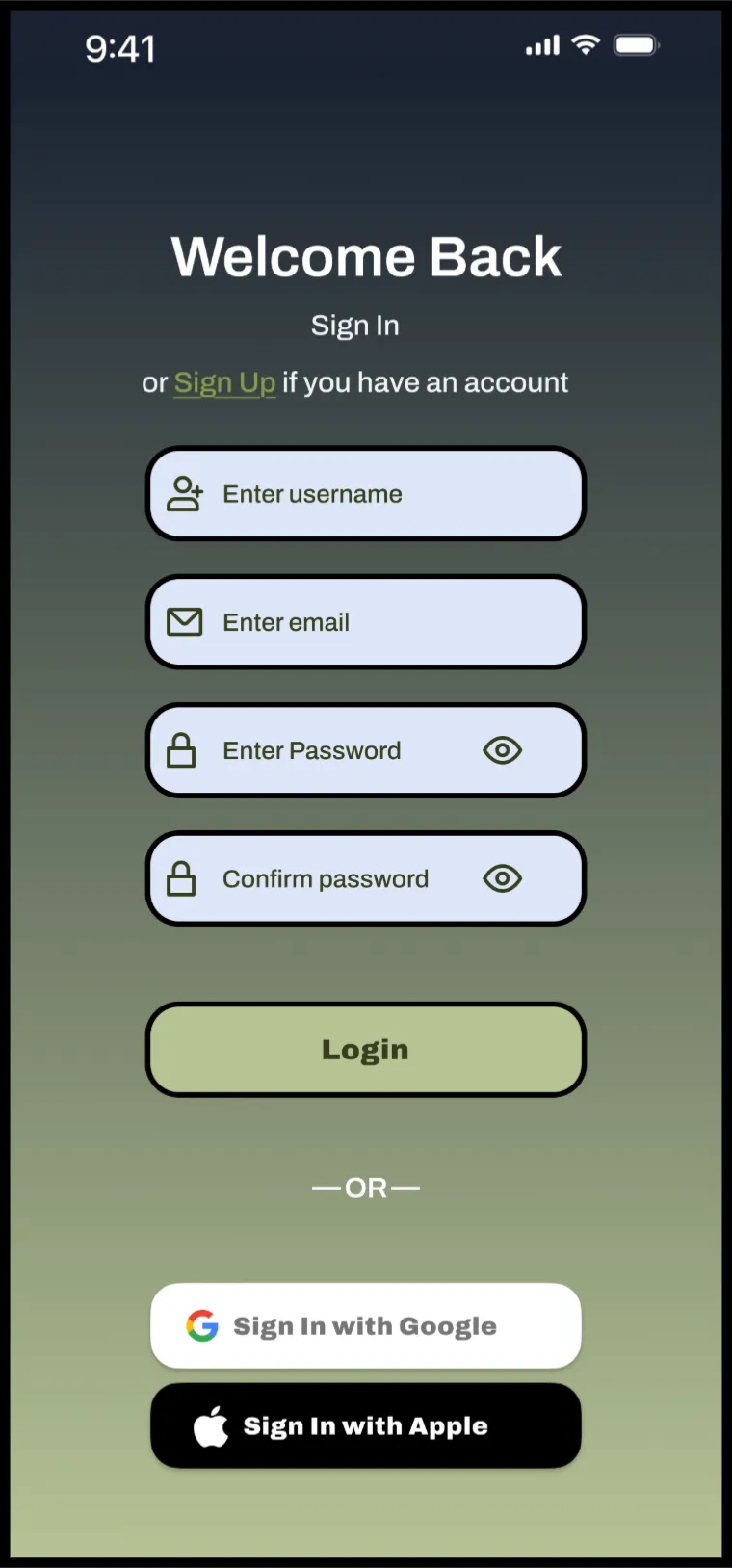 Sign in screen: welcome back