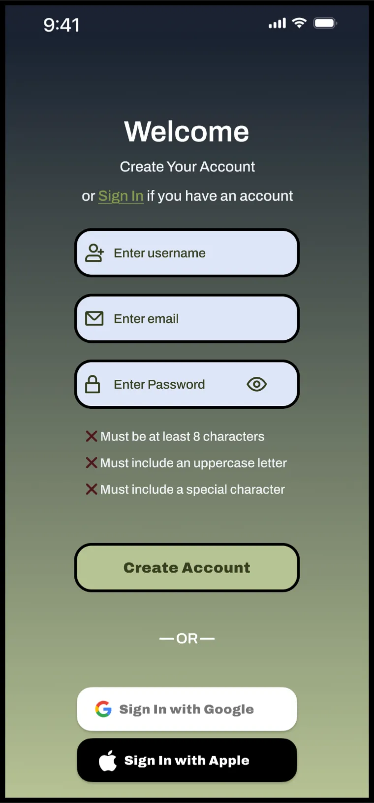 Sign up screen: create your account