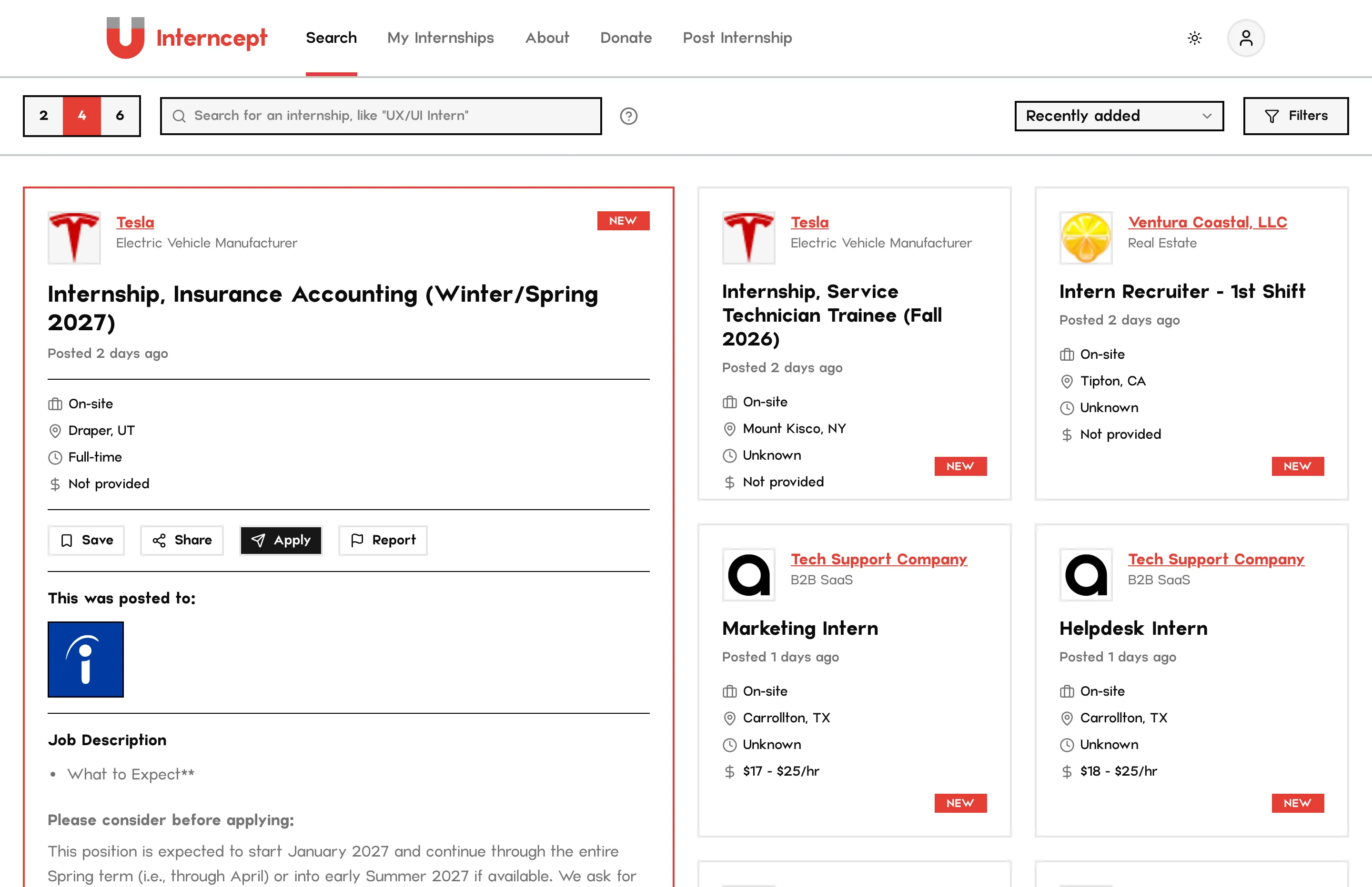 A listing expanded in place, showing where it was posted and the job description