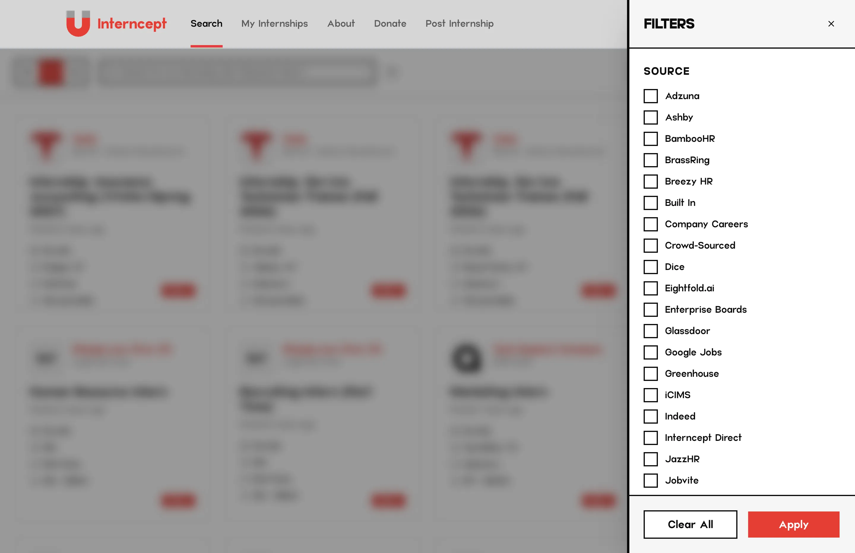 Filter drawer with source checkboxes and Clear all / Apply buttons