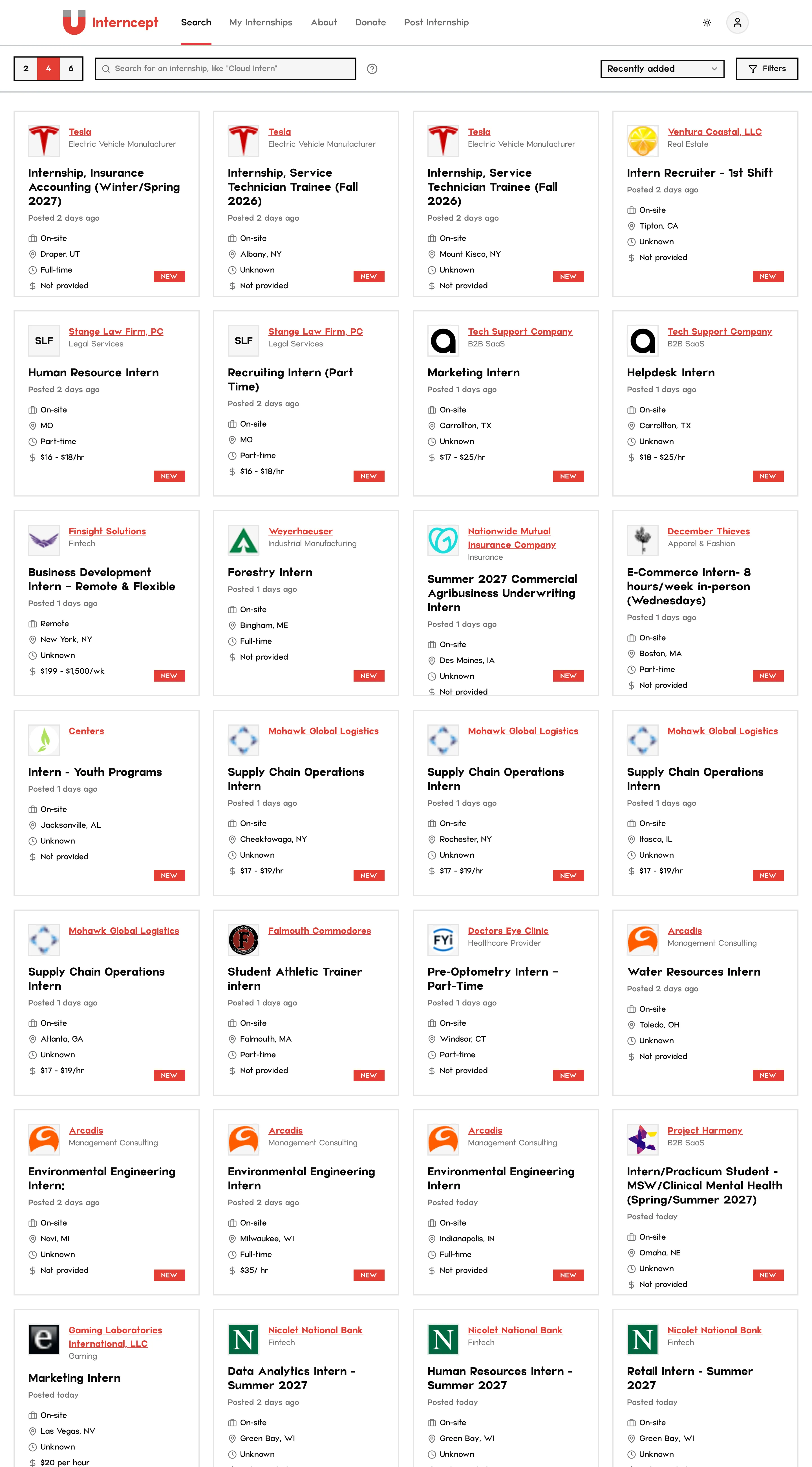 Interncept’s search page: a grid of internship listing cards with company, location and pay