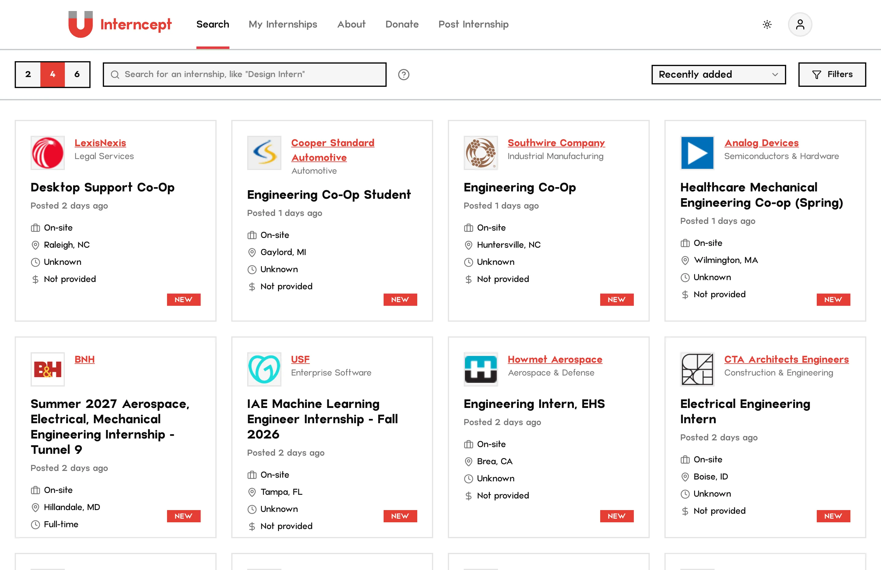 Interncept’s search feed: a grid of internship cards with company, location, arrangement and pay