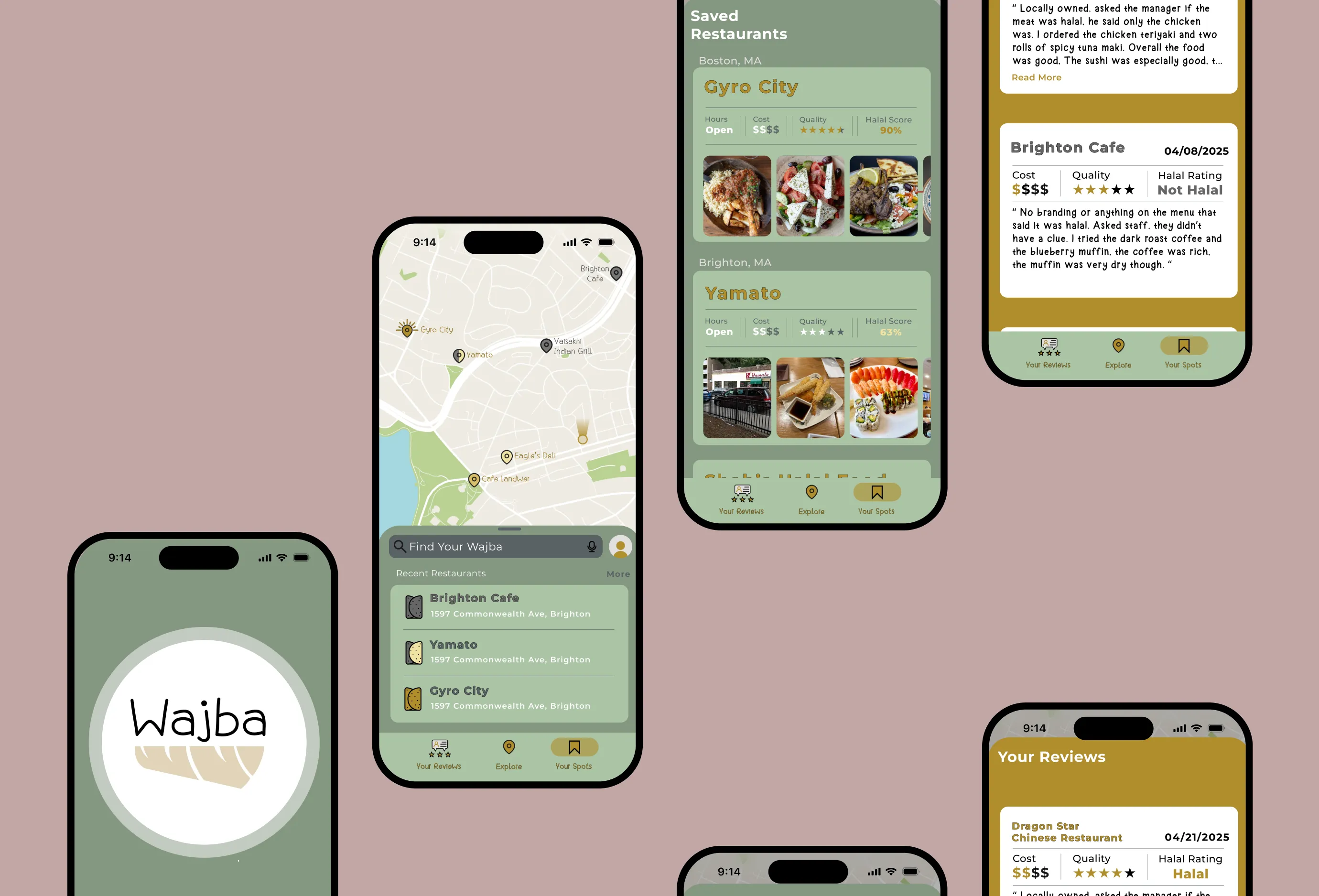 Six Wajba app screens: the logo splash, map, saved restaurants and user reviews